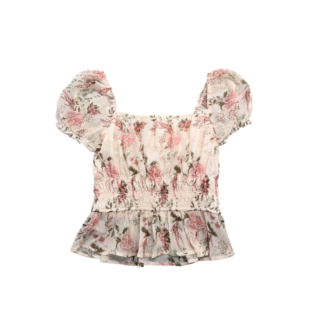 Trixxi Floral Smocked Blouse Women Small Pink Square Neck Puff Sleeve Peplum Top - Picture 3 of 5